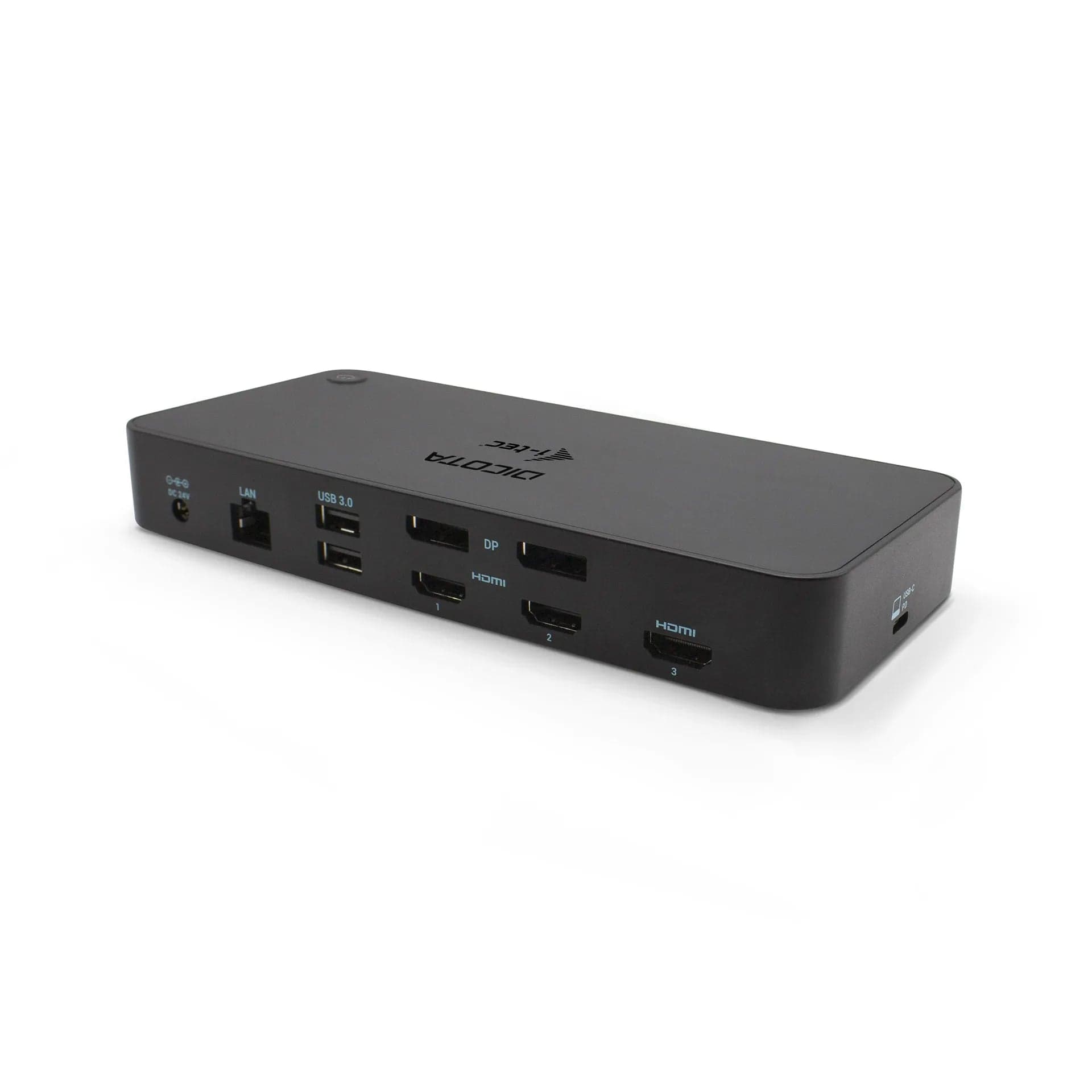 DICOTA D31951-UK USB-C 12-in-1 Docking Station 5K HDMI/DP PD 100W (UK) - rear three-quarter view showing the video and network ports