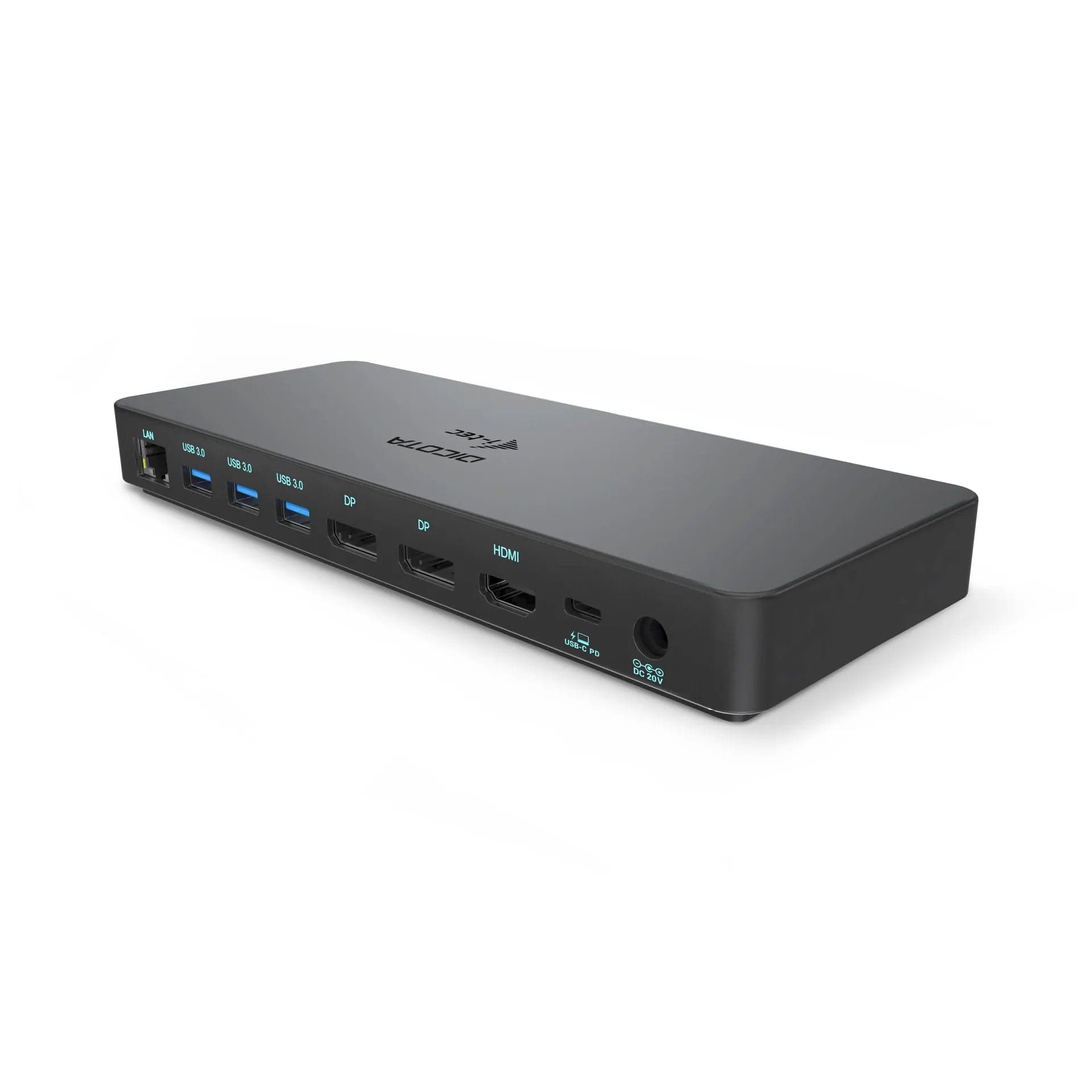 DICOTA D31953-UK USB-C 11-in-1 Docking Station 5K HDMI/DP PD 100W (UK) - front three-quarter view showing the USB-A, USB-C and audio ports