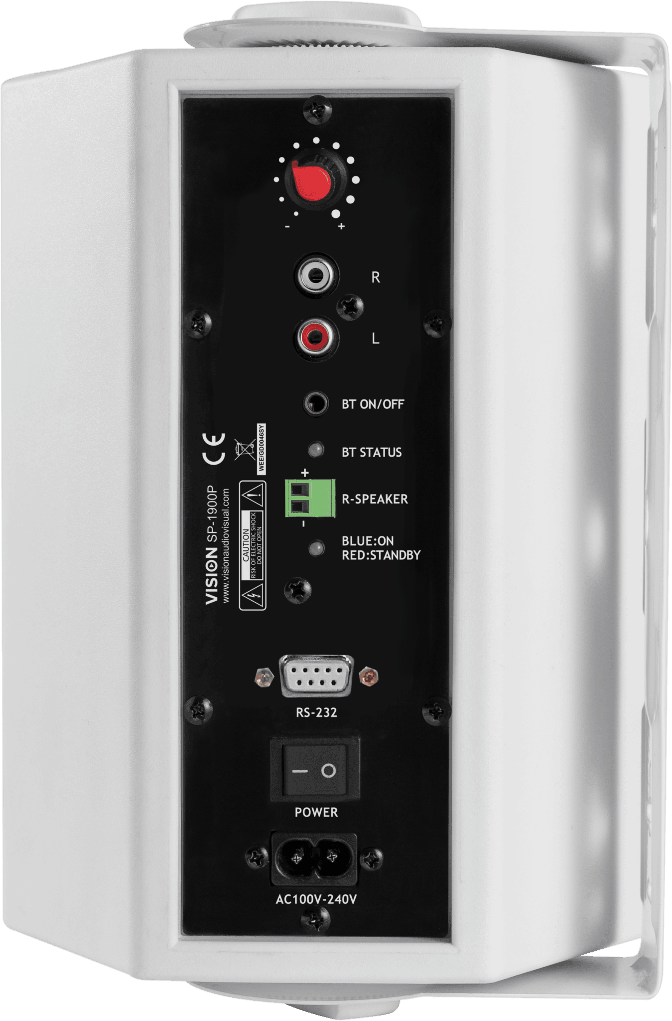 Vision SP-1900P Pair of 60W Active Wall Speakers with Bluetooth - close-up of the input and output connectors