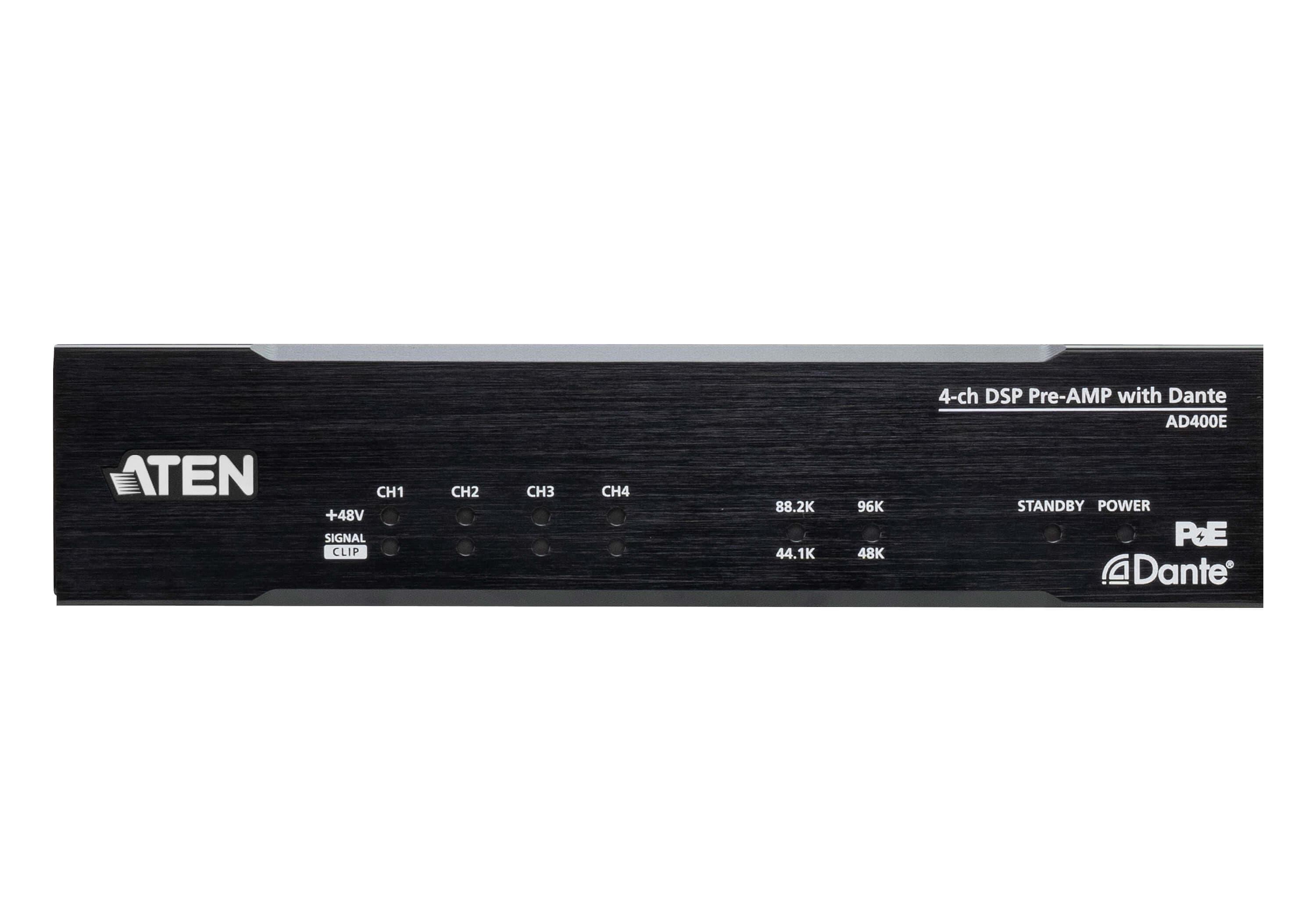 ATEN AD400E 4-ch Mic/Line Pre-AMP with DSP and Dante Output — additional product view from ATEN (angle not stated by ATEN)