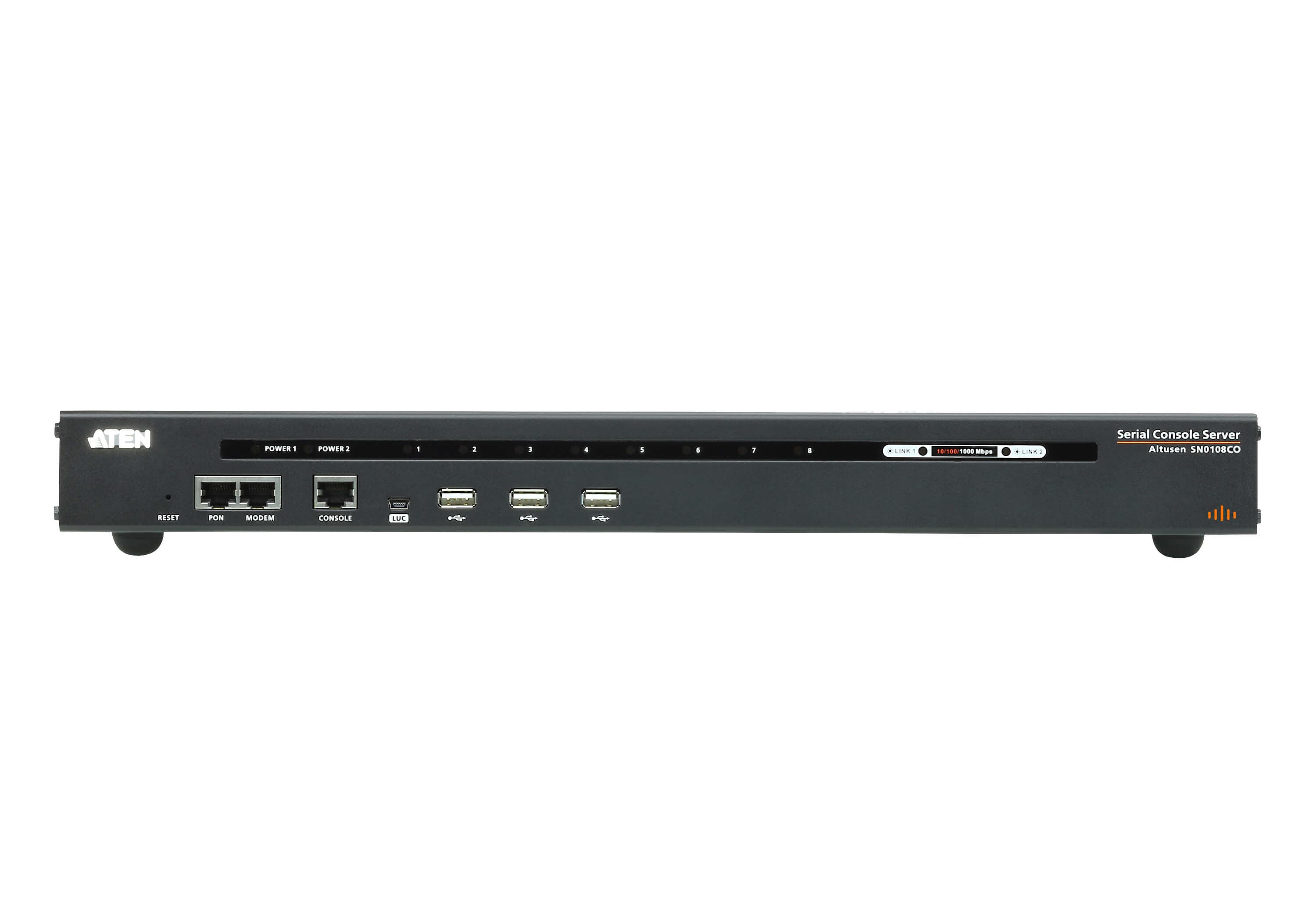 ATEN SN0108CO 8-Port Serial Console Server with Dual Power/LAN - connector panel view