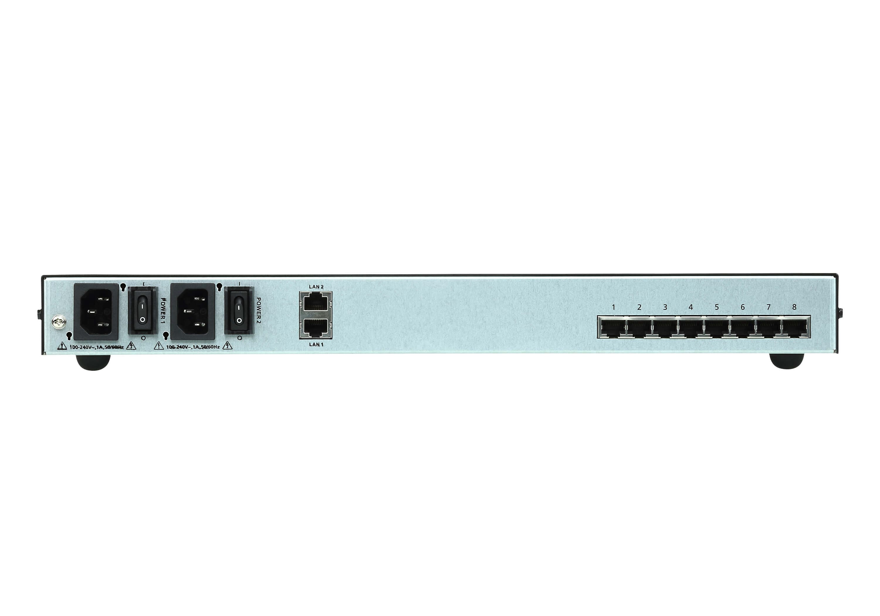ATEN SN0108COD 8-Port Serial Console Server with Dual DC Power / LAN - connector panel view (ATEN publishes one photo for the series - shown here is the AC-power SN0108CO; the SN0108COD is the DC-power variant of the same chassis)