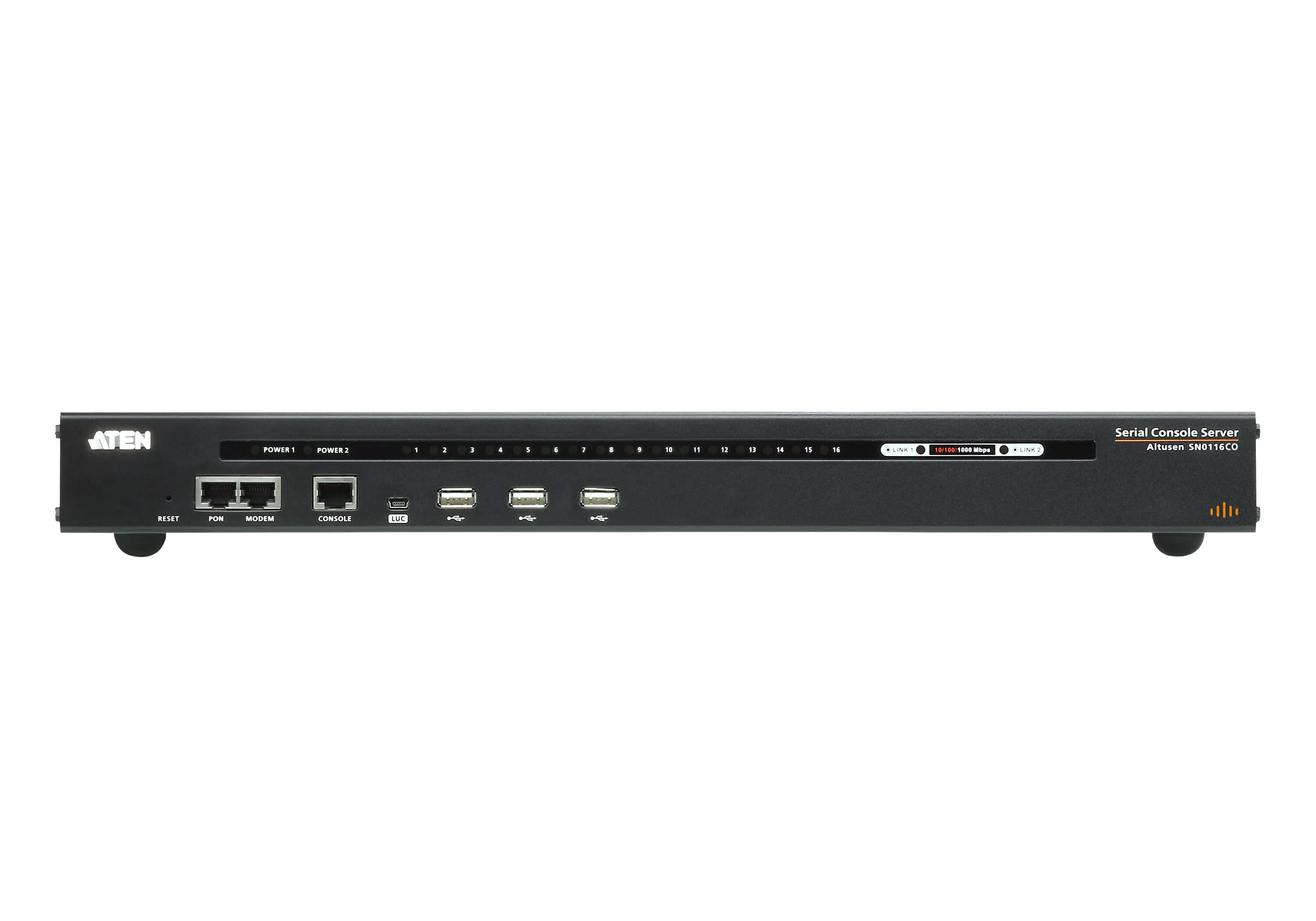 ATEN SN0116CO 16-Port Serial Console Server with Dual Power/LAN - connector panel view