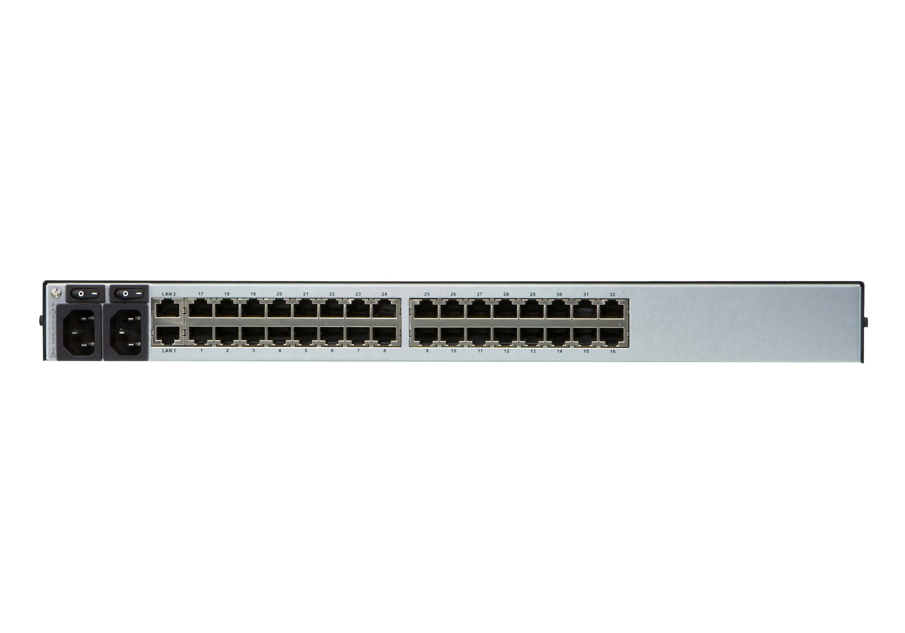 ATEN SN0132COD 32-Port Serial Console Server with Dual DC Power / LAN - connector panel view (ATEN publishes one photo for the series - shown here is the AC-power SN0132CO; the SN0132COD is the DC-power variant of the same chassis)