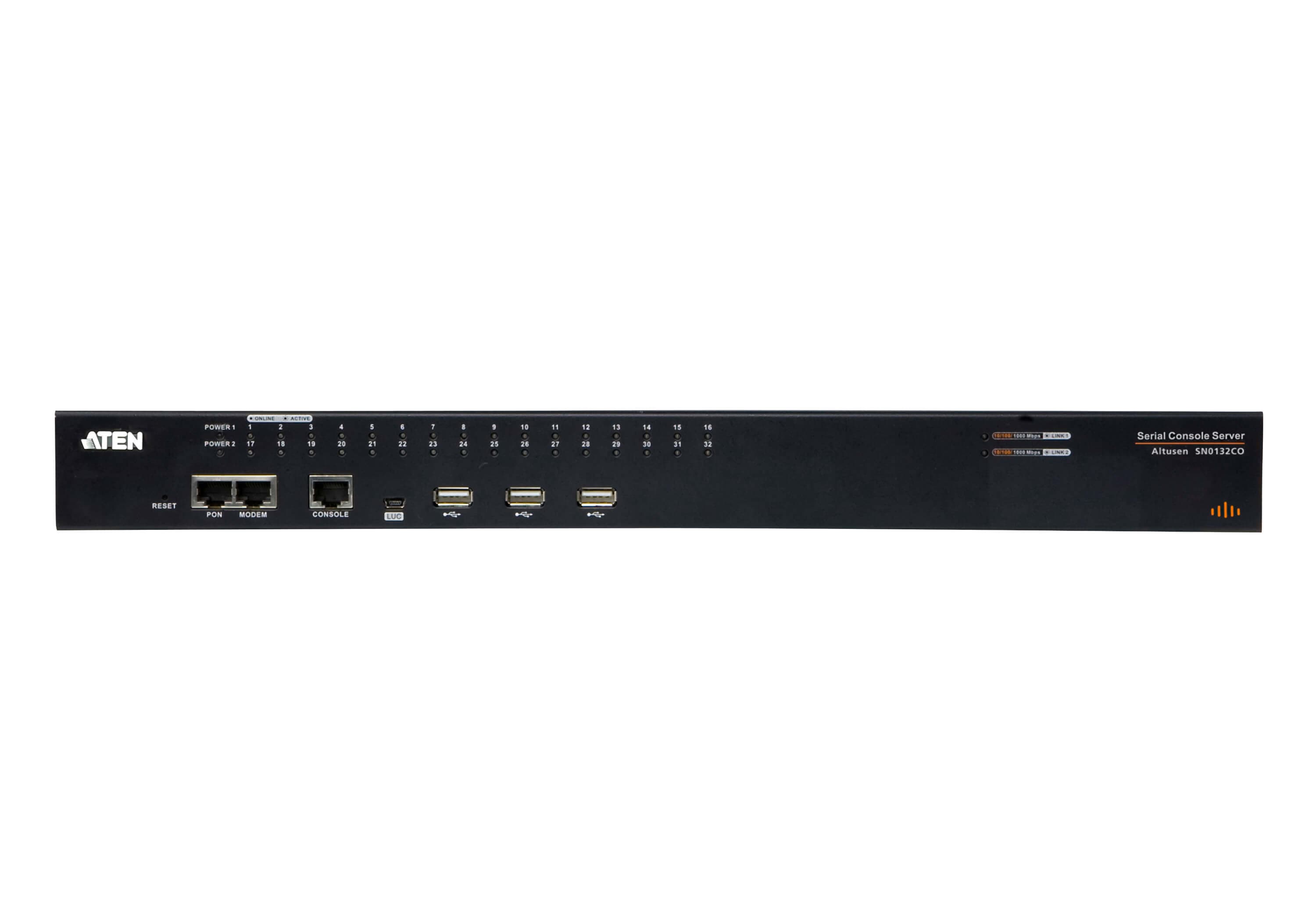 ATEN SN0132COD 32-Port Serial Console Server with Dual DC Power / LAN - connector panel view (ATEN publishes one photo for the series - shown here is the AC-power SN0132CO; the SN0132COD is the DC-power variant of the same chassis)