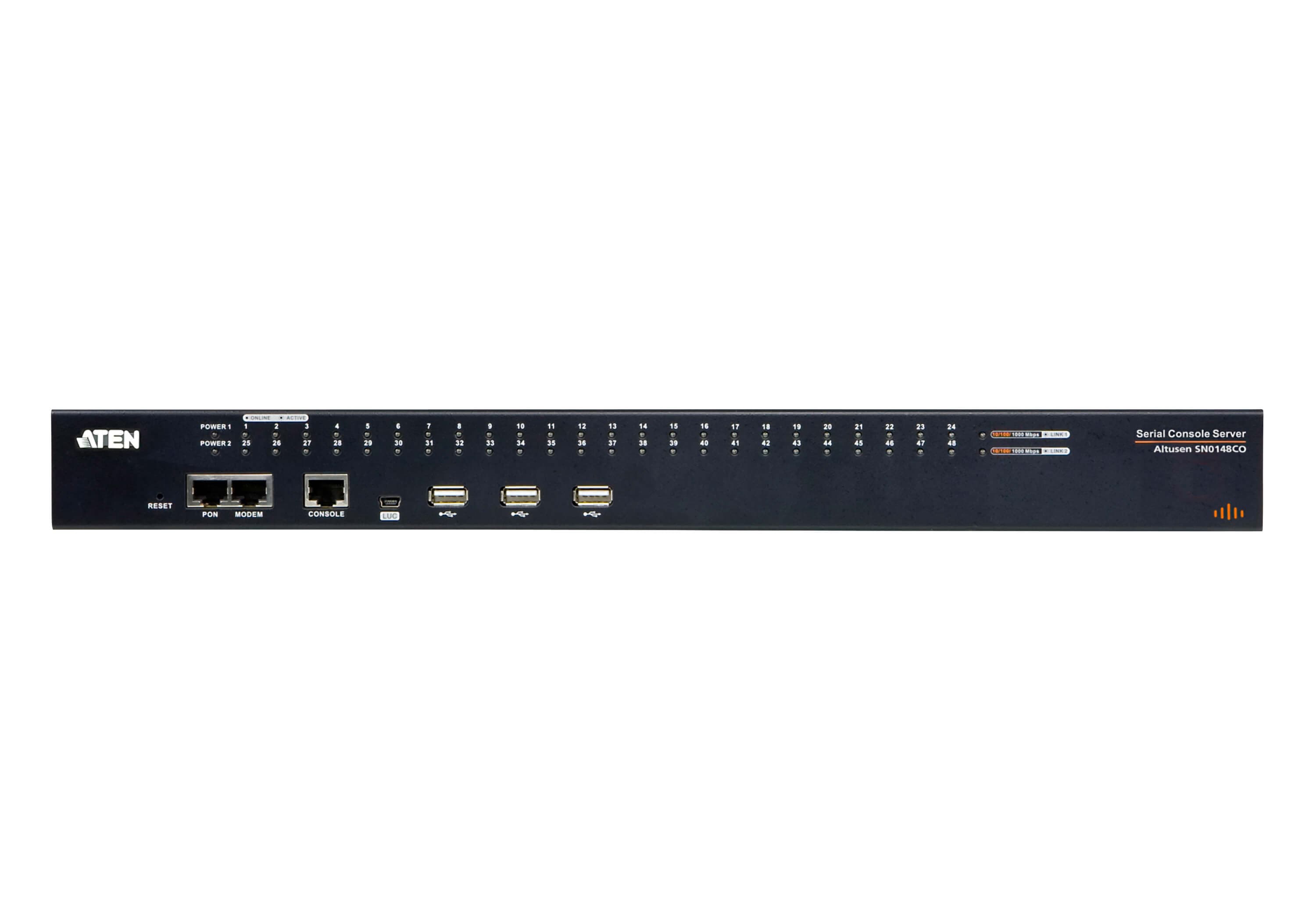 ATEN SN0148COD 48-Port Serial Console Server with Dual DC Power / LAN - connector panel view (ATEN publishes one photo for the series - shown here is the AC-power SN0148CO; the SN0148COD is the DC-power variant of the same chassis)