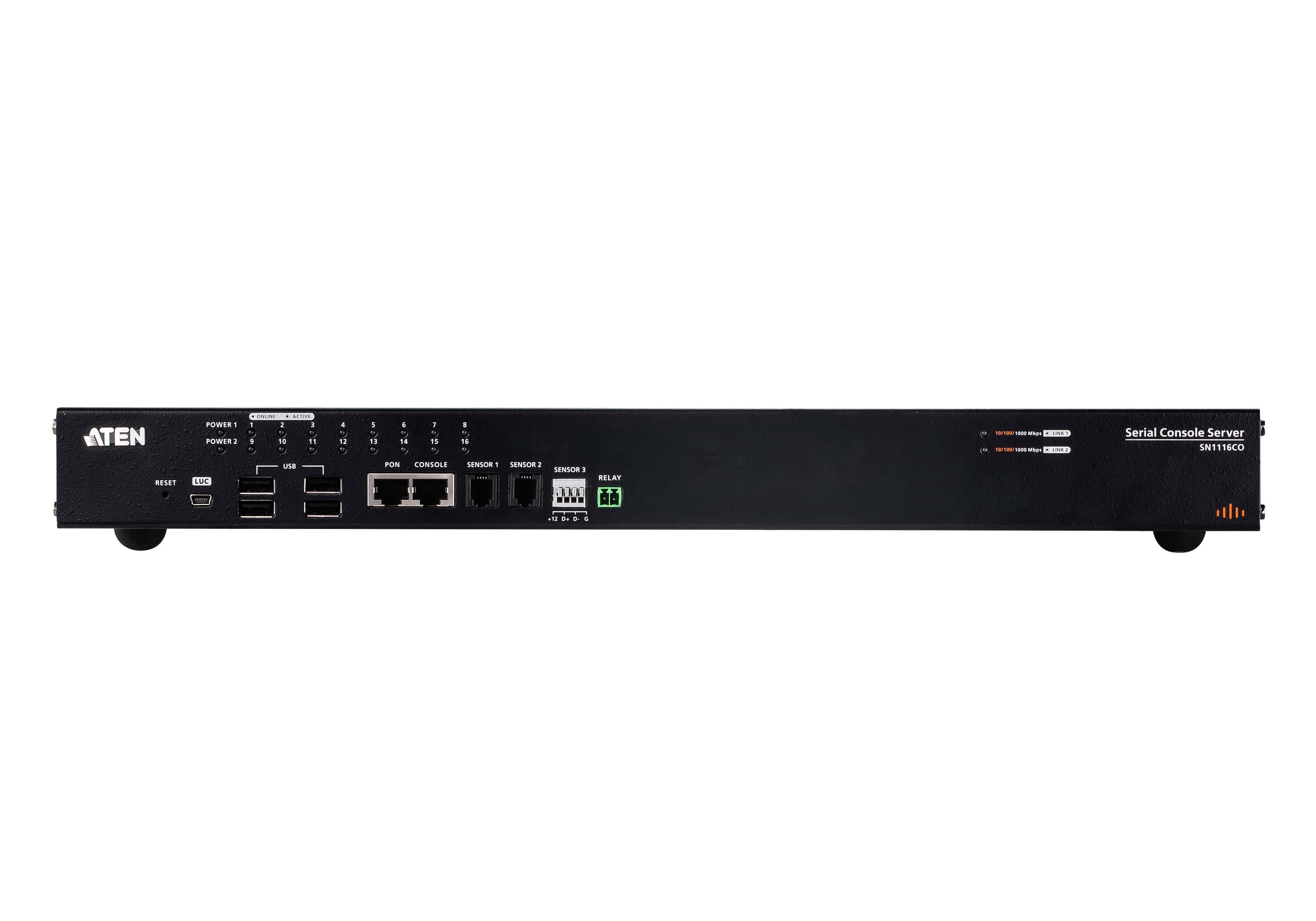 ATEN SN1116CO 16-Port Serial Console Server with Dual Power / SFP - connector panel view