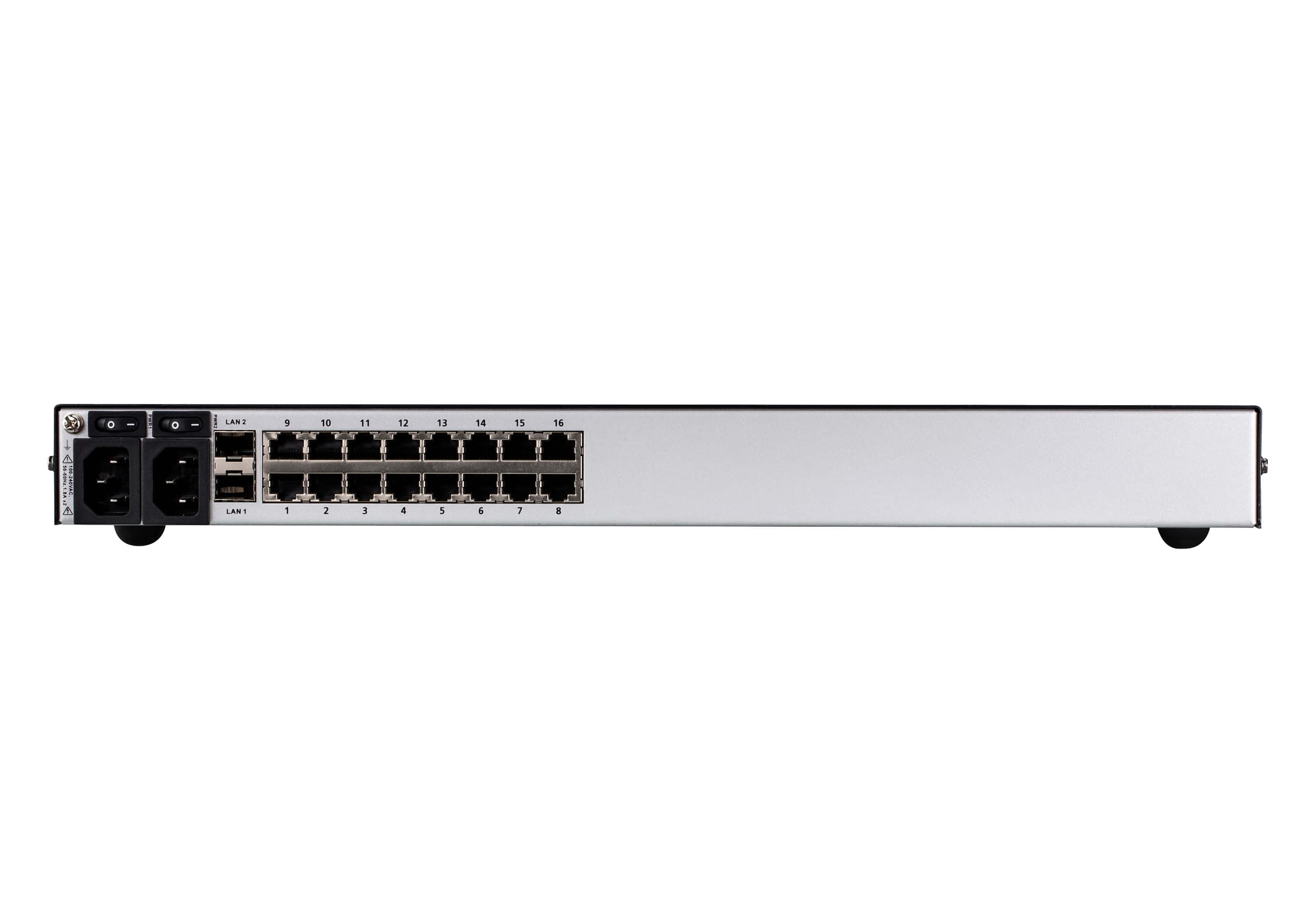 ATEN SN1116COD 16-Port Serial Console Server with Dual DC Power / SFP - connector panel view (ATEN publishes one photo for the series - shown here is the AC-power SN1116CO; the SN1116COD is the DC-power variant of the same chassis)