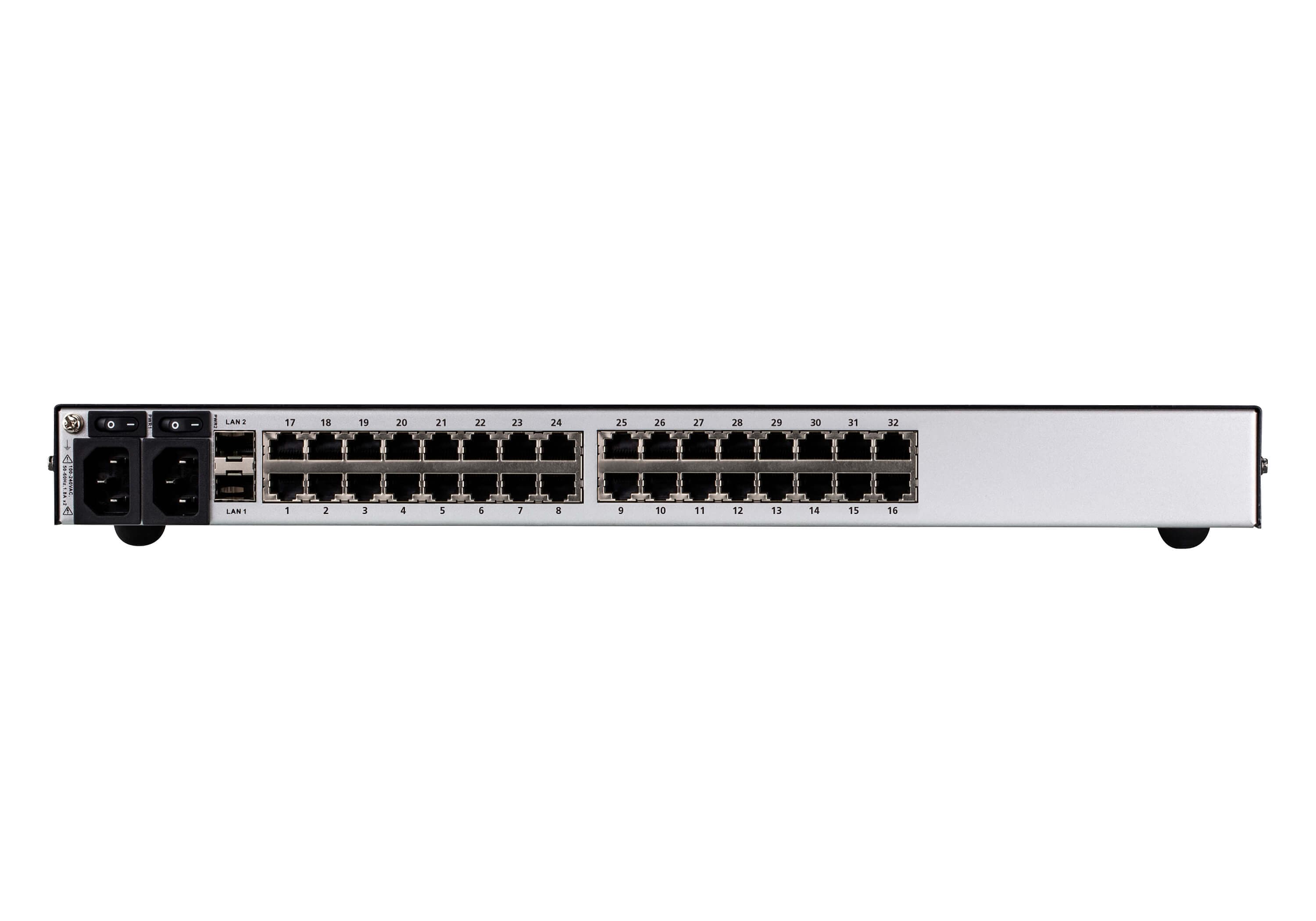 ATEN SN1132COD 32-Port Serial Console Server with Dual DC Power / SFP - connector panel view (ATEN publishes one photo for the series - shown here is the AC-power SN1132CO; the SN1132COD is the DC-power variant of the same chassis)