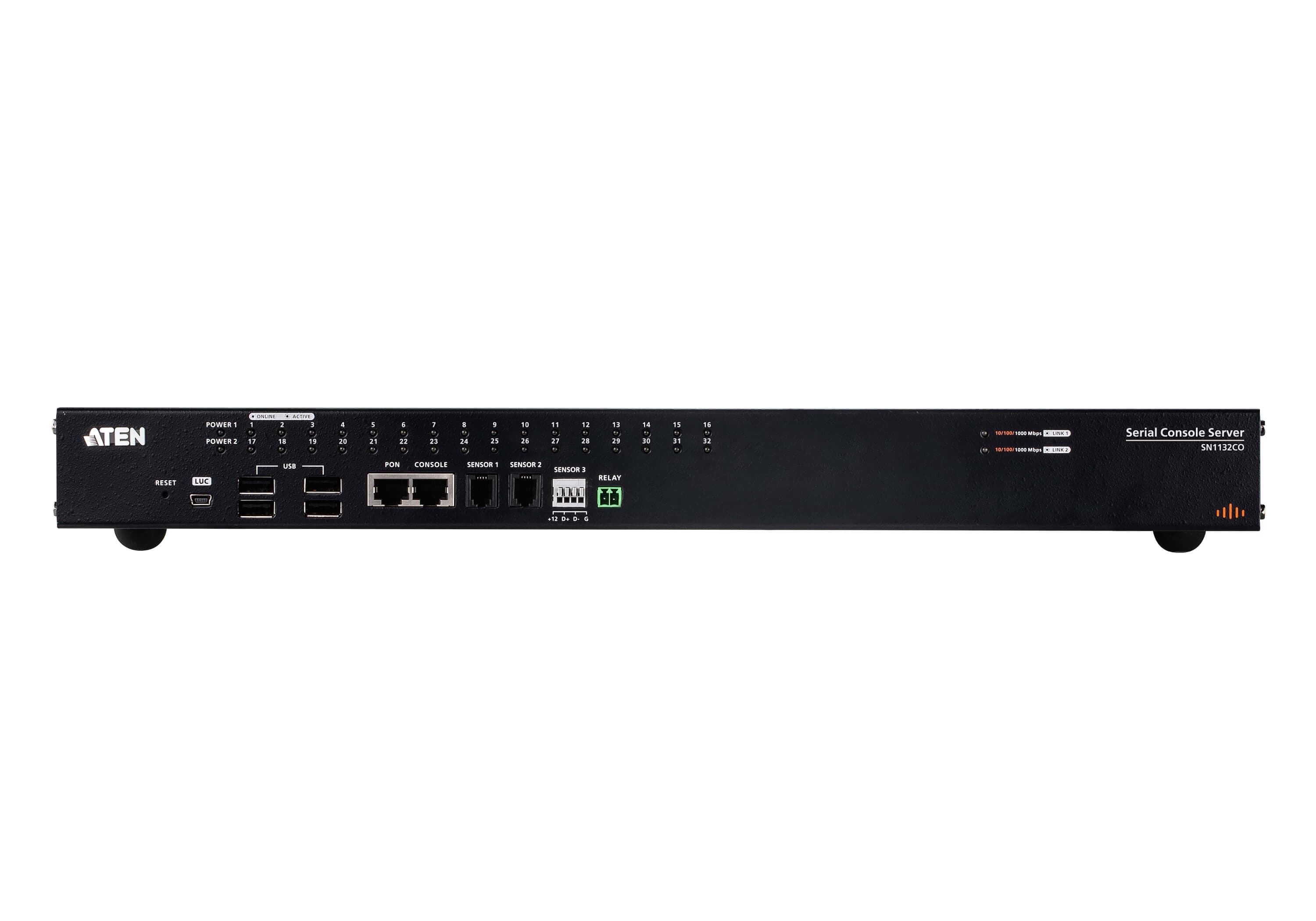 ATEN SN1132COD 32-Port Serial Console Server with Dual DC Power / SFP - connector panel view (ATEN publishes one photo for the series - shown here is the AC-power SN1132CO; the SN1132COD is the DC-power variant of the same chassis)