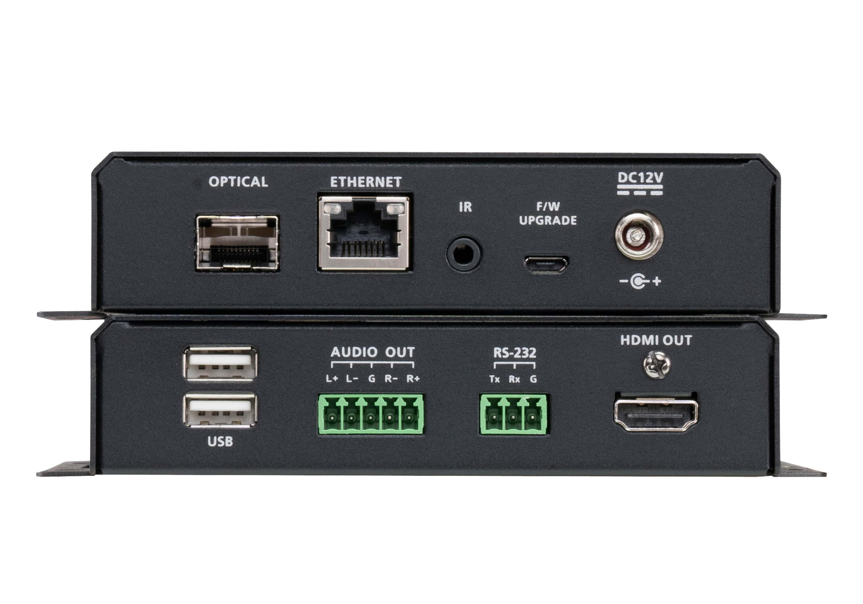 ATEN VE883AK1 True 4K HDMI Optical Extender Kit (Multimode, 300 m) - connector panel view (ATEN publishes one photo for the VE883A series - shown here is the transmitter and receiver pair; the K1/K2 difference is the supplied SFP+ module, not the hardware)