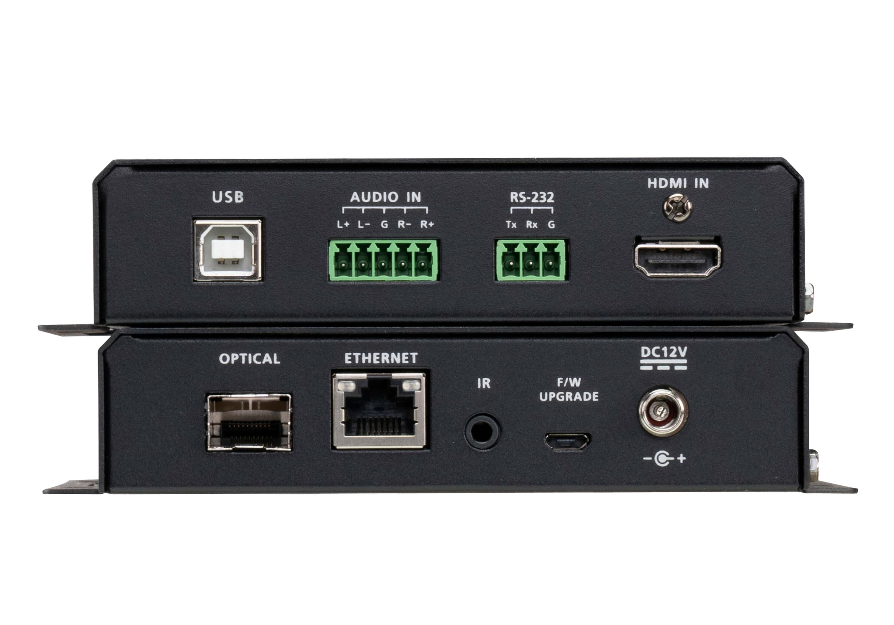 ATEN VE883AK2 True 4K HDMI Optical Extender Kit (Singlemode, 10 km) - connector panel view (ATEN publishes one photo for the VE883A series - shown here is the transmitter and receiver pair; the K1/K2 difference is the supplied SFP+ module, not the hardware)