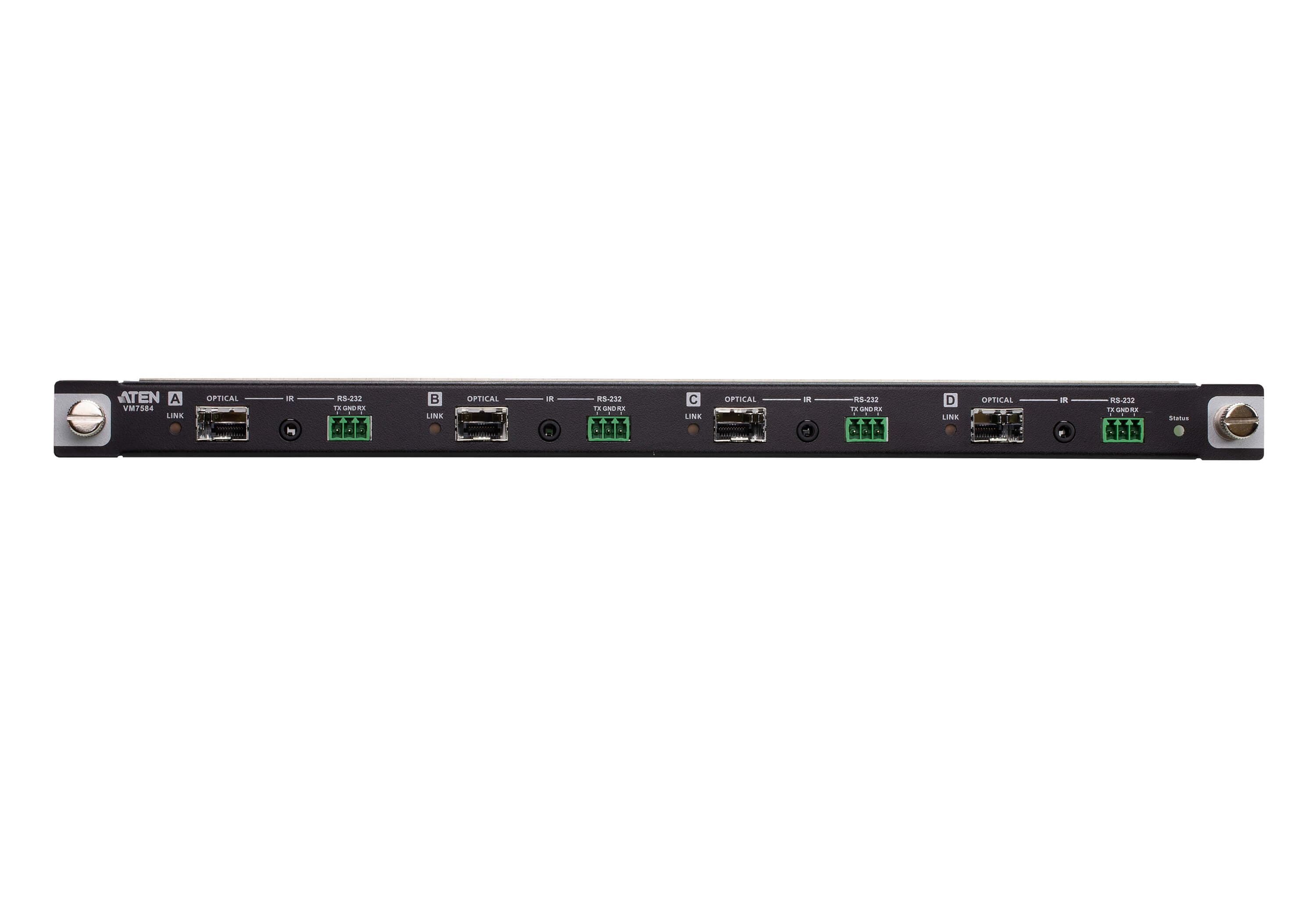 ATEN VM7584K2 4-Port 10G Optical Input Board (Singlemode, 10 km) - connector panel view (ATEN publishes one photo for the VM7584 - the K1/K2 difference is the supplied SFP+ module, not the board)
