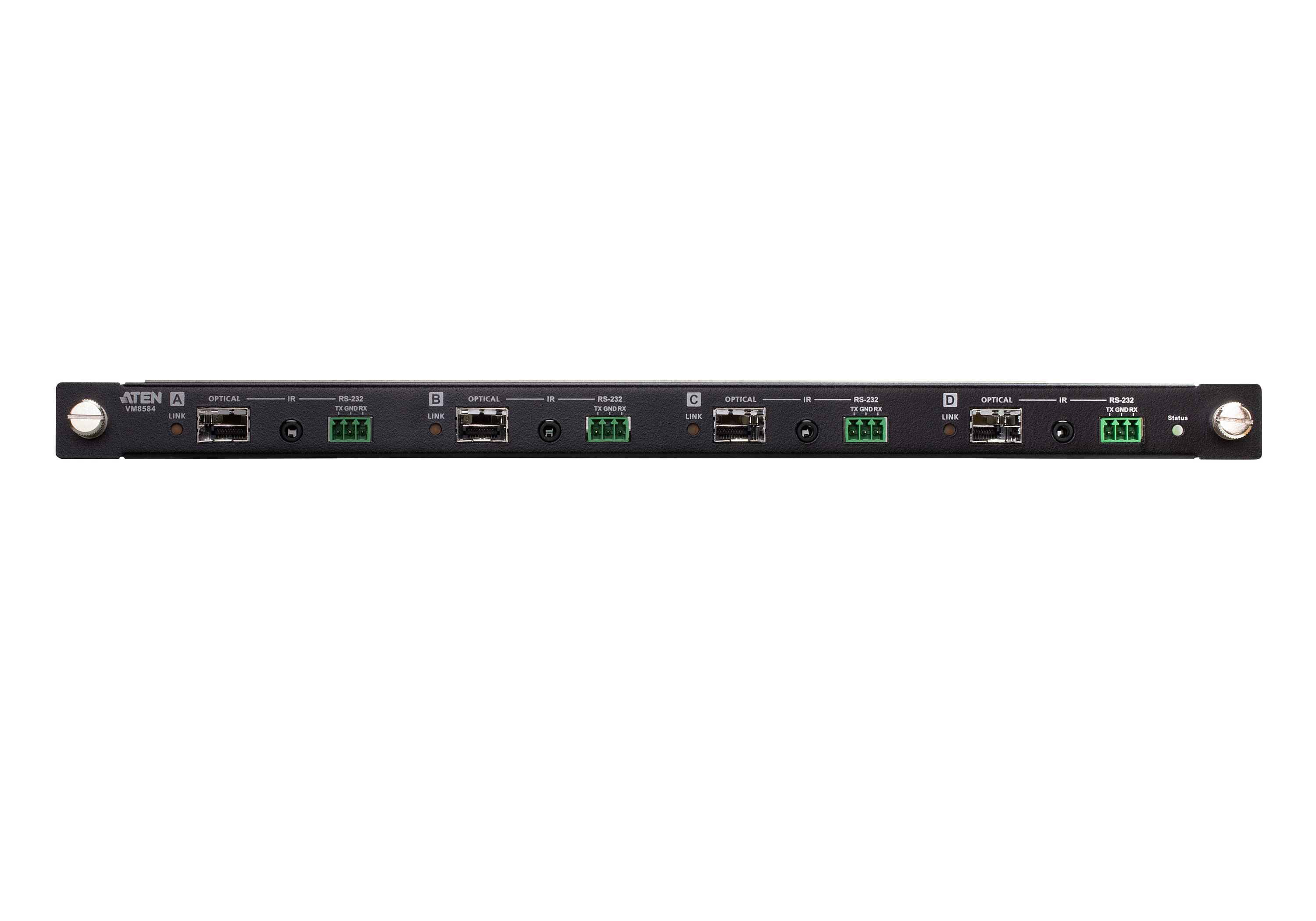 ATEN VM8584K1 4-Port 10G Optical Output Board (Multimode, 300 m) - connector panel view (ATEN publishes one photo for the VM8584 - the K1/K2 difference is the supplied SFP+ module, not the board)