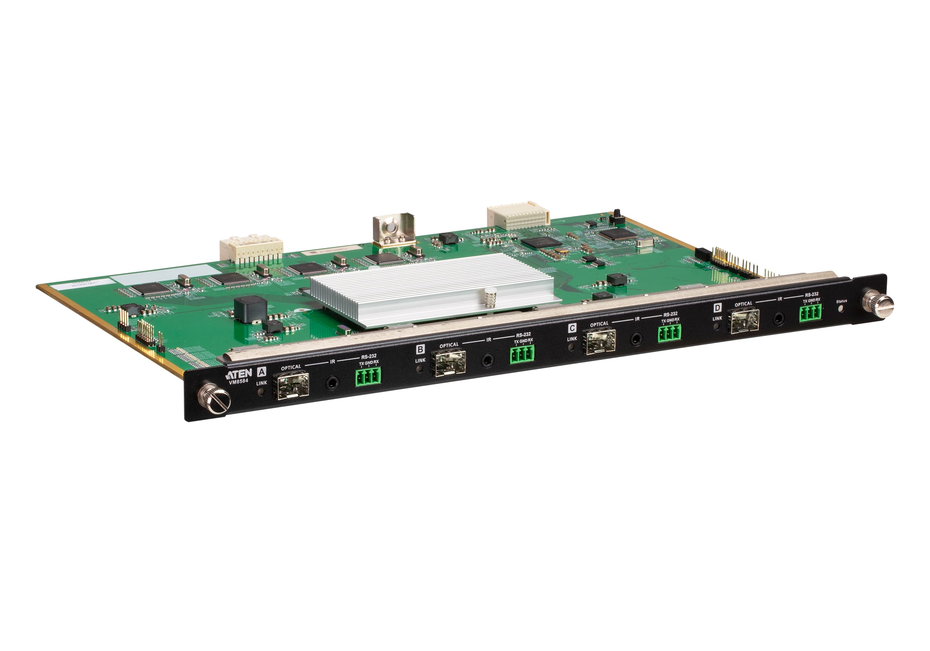 ATEN VM8584K2 4-Port 10G Optical Output Board (Singlemode, 10 km) - connector panel view (ATEN publishes one photo for the VM8584 - the K1/K2 difference is the supplied SFP+ module, not the board)