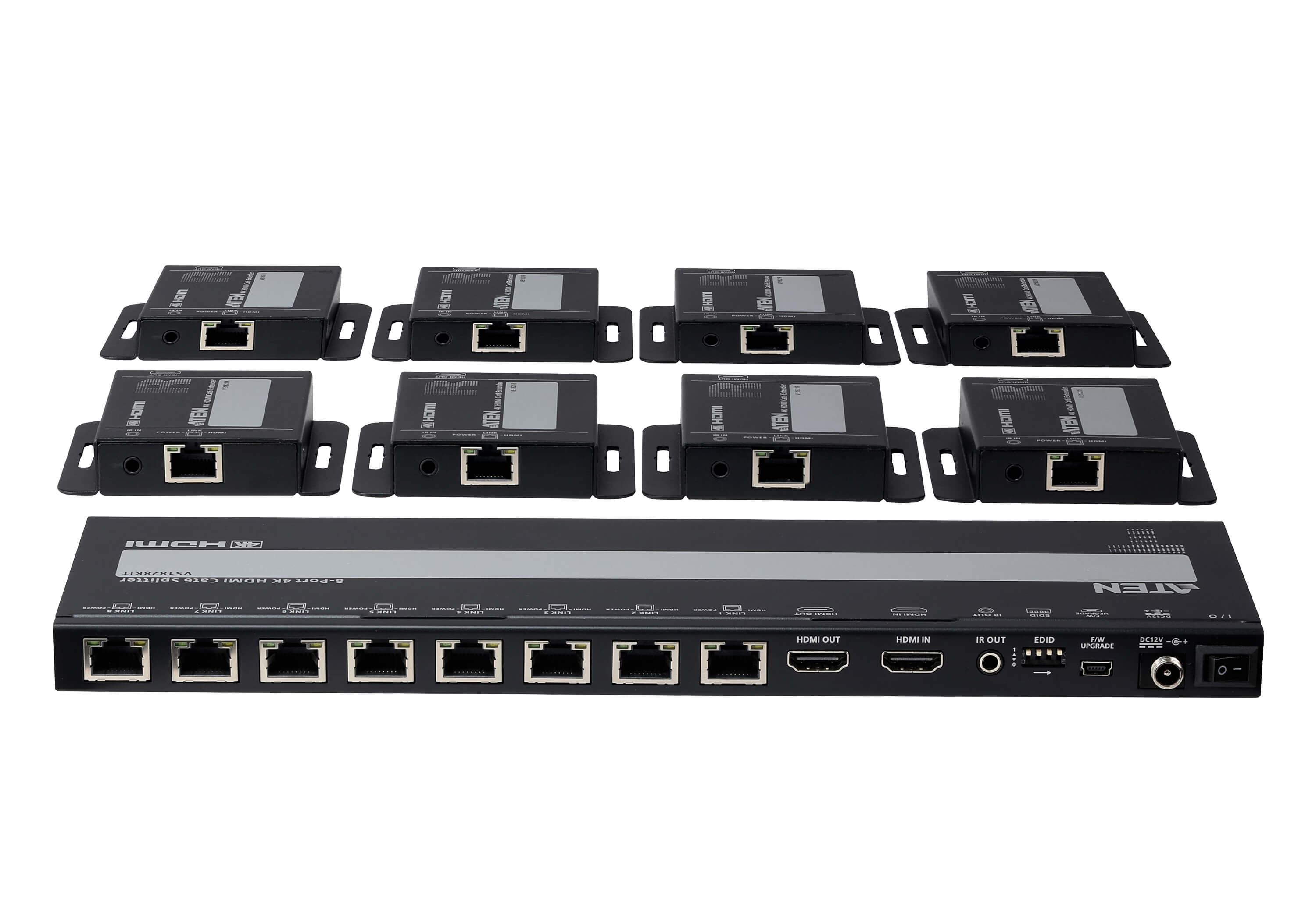 ATEN VS1828KIT 8-Port 4K HDMI Cat 6 Splitter with Receivers - connector panel view