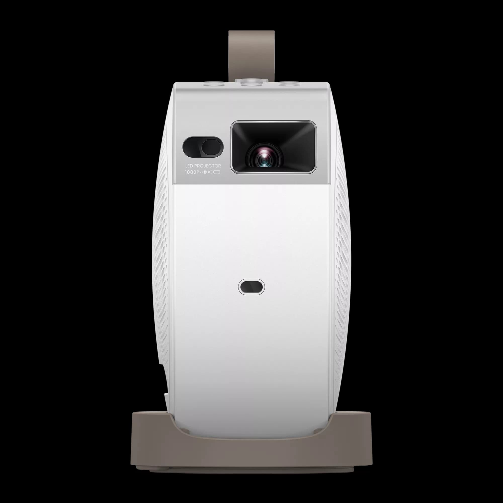 BenQ GV32 portable LED projector standing in its swivel base, front view showing the lens, the sliding lens cover and the carry strap