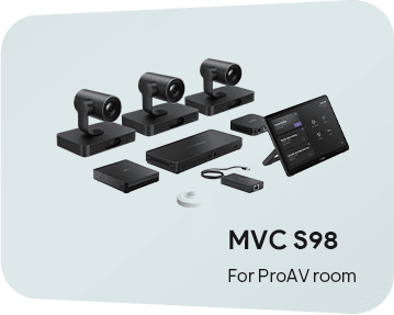 Yealink MVC S98 room kit laid out together - three SmartVision 80 cameras, the MTouch Plus touch console, the MCore 4 mini-PC, the AVHub processor, the RoomSensor puck and a VCH51 Pro box, on a card captioned MVC S98 For ProAV room