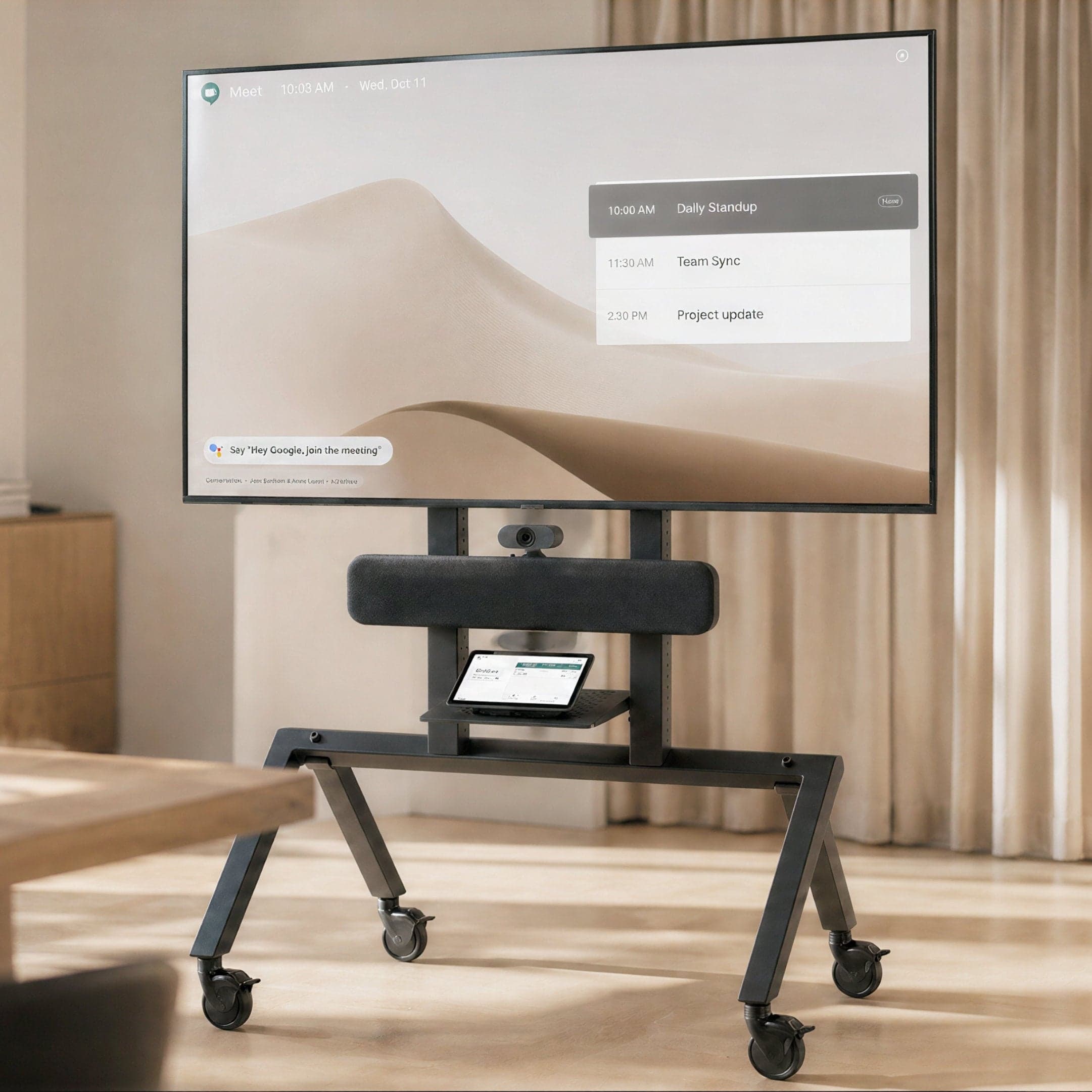 Heckler AV Cart for Google Meet Series One in a meeting room with a large display showing a Google Meet room schedule, soundbar below the display and a touch controller on the control shelf