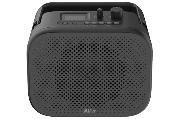 AVer AmpliWave Go front view showing the speaker grille, status display and control knobs