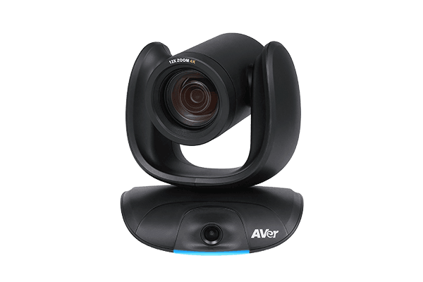 AVer CAM550 front view with the camera head tilted and the blue status light lit on the base