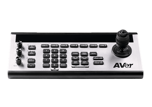 AVer CL01 PTZ camera controller at an angle showing the joystick, rotary knobs and silver front panel