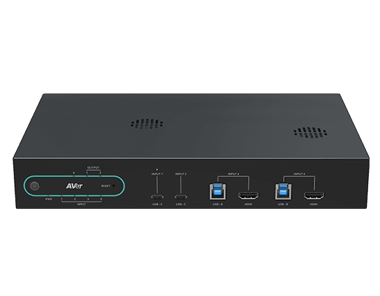 AVer HUB35 front panel showing the status indicators and ports