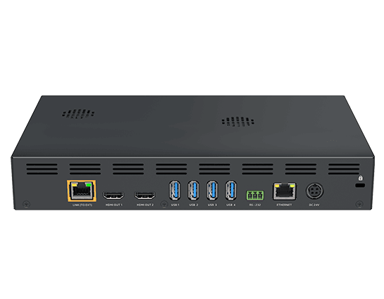 AVer HUB35 rear panel showing RJ-45, HDMI, USB and power connectors