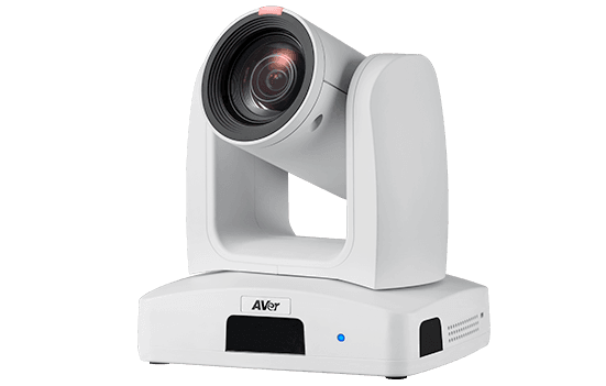 AVer PTZ231 professional PTZ camera in white, three-quarter view showing the pan-tilt yoke and base