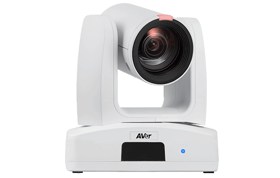AVer PTZ231 front view in white with the tally lamp lit red above the lens