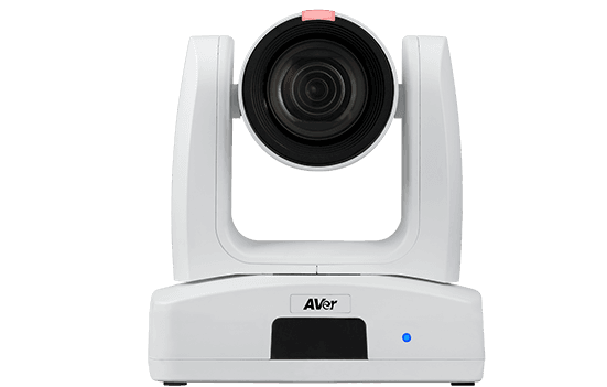 AVer PTZ310UV2 professional PTZ camera in white, front view with the lens centred and a pink tally lamp on top