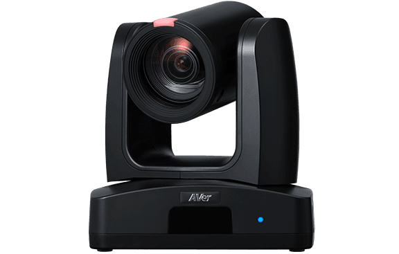 AVer PTZ310UV2 in black, three-quarter view showing the pan-tilt yoke and base
