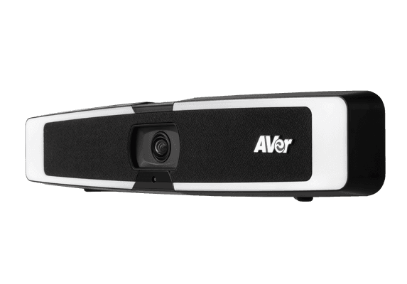 AVer VB130 video bar at an angle showing the light strips lit and the camera housing at the centre