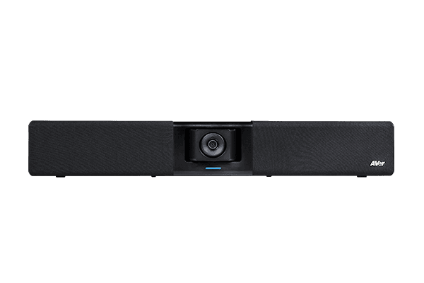 AVer VB342 Pro seen slightly from above showing the fabric speaker grille and central camera