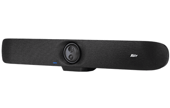 AVer VB350 seen at an angle showing the fabric-covered speaker section and camera module