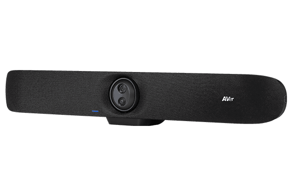 AVer VB370A seen at an angle showing the fabric speaker face and camera module