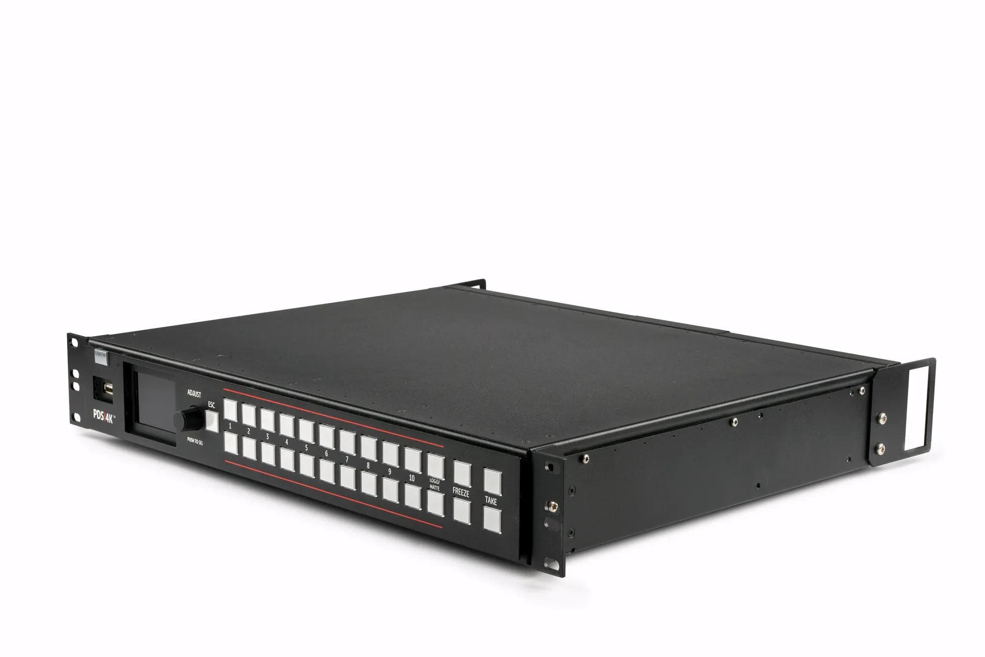 Barco PDS-4K presentation switcher, right perspective view on white