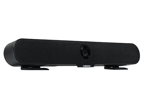 Lumens MS-10S 4K Video Soundbar — angled front view showing the camera lens set into the speaker grille