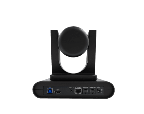Lumens VC-R31 IP PTZ camera in black — rear view showing the USB, HDMI, Ethernet and control connectors