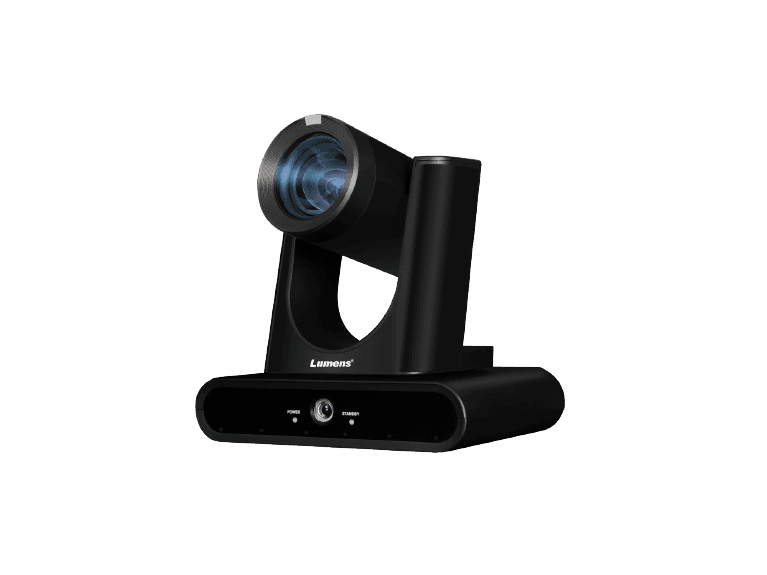 Lumens VC-TR60A dual-lens PTZ camera in black — three-quarter front view with the lens turned to the left