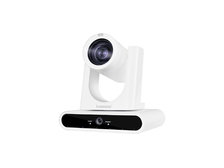 Lumens VC-TR60A dual-lens PTZ camera in white — three-quarter front view with the lens turned to the left