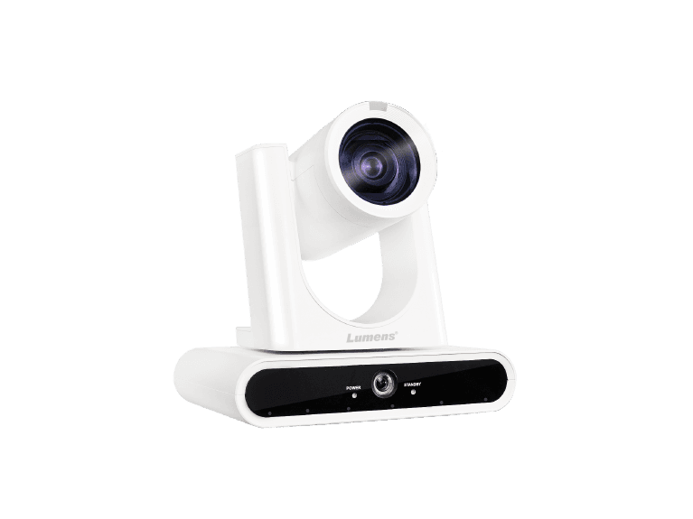 Lumens VC-TR60A dual-lens PTZ camera in white — three-quarter view from the right
