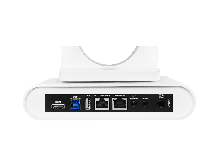 Lumens VC-TR60A dual-lens PTZ camera in white — rear connector panel showing HDMI, USB, Ethernet and control ports