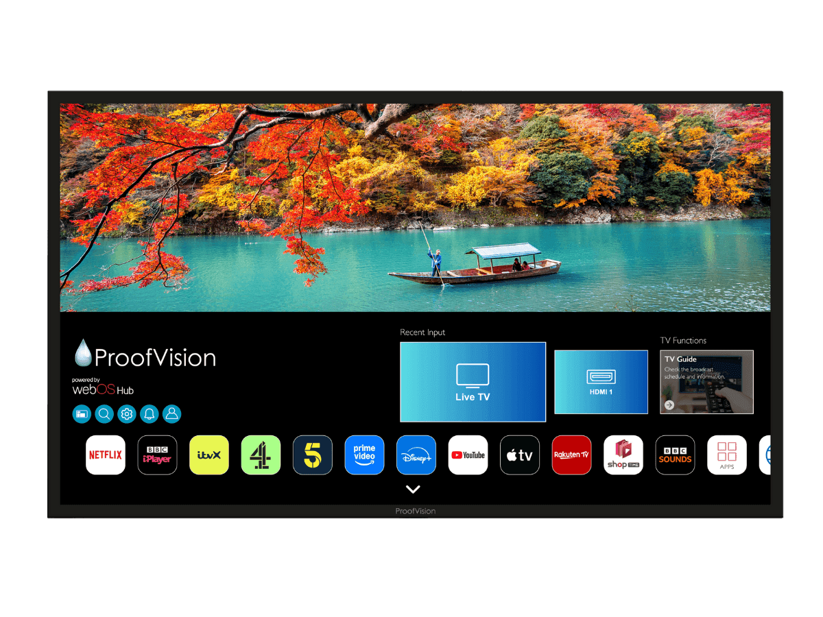 ProofVision Lifestyle Plus MX outdoor TV, front view showing the webOS home screen — series image shared across 55/65/75-inch models