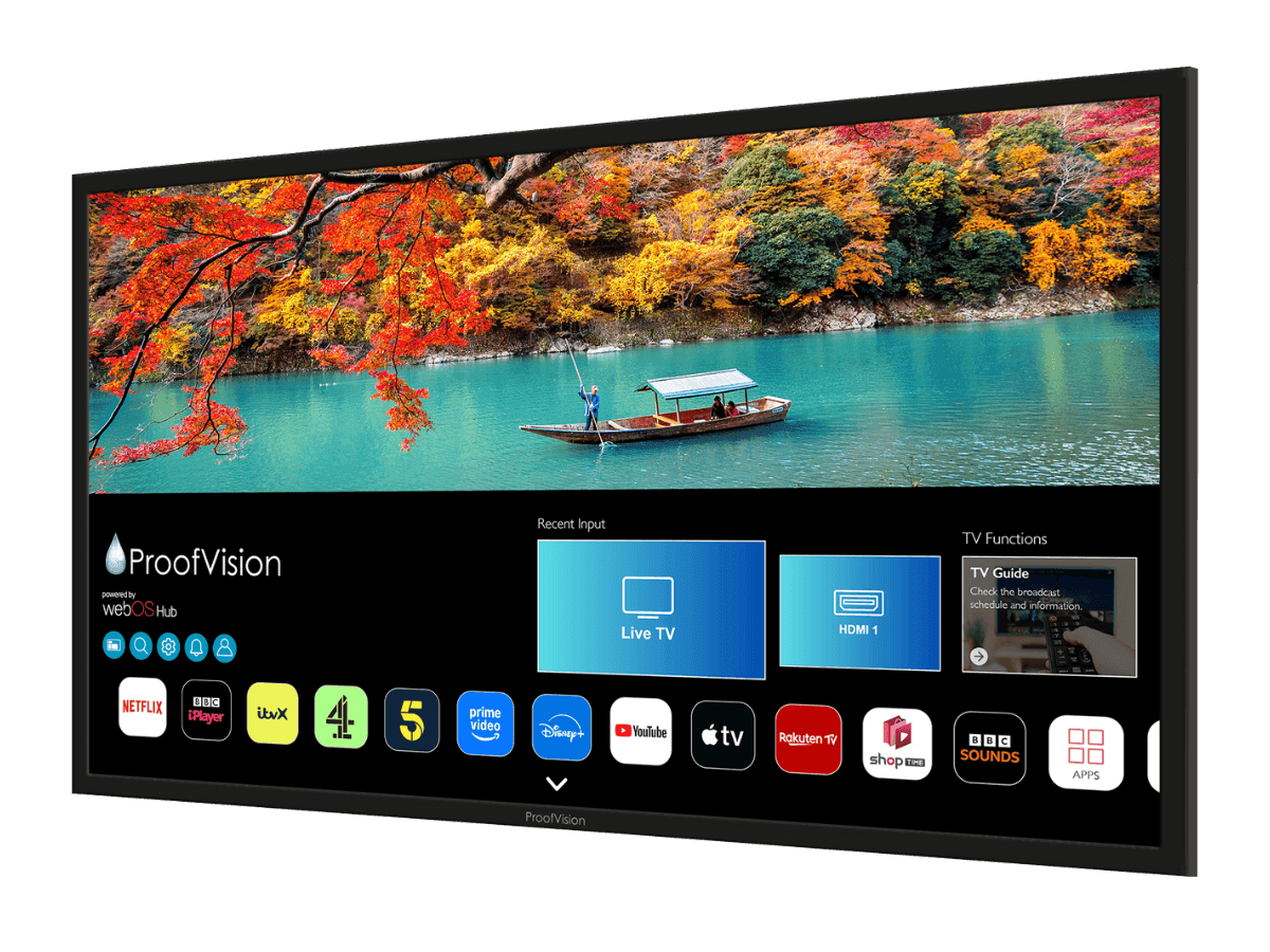 ProofVision Lifestyle Plus MX outdoor TV, angled side view — series image shared across 55/65/75-inch models