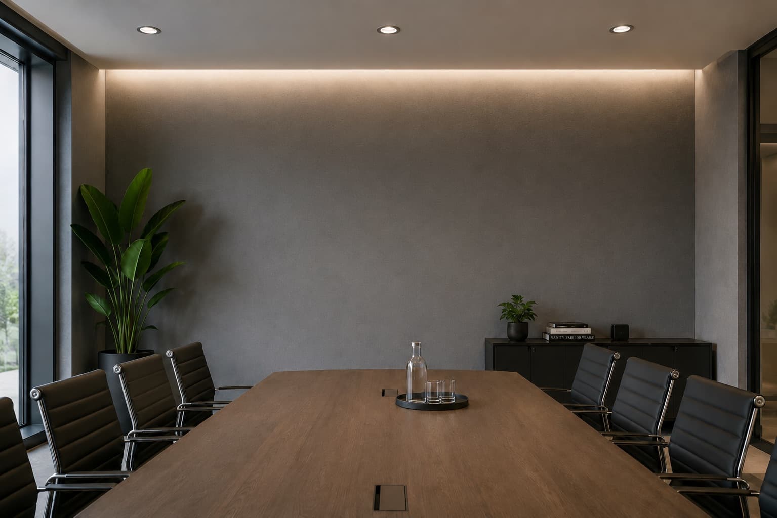A boardroom with an 86-inch image shown on the wall at its true size