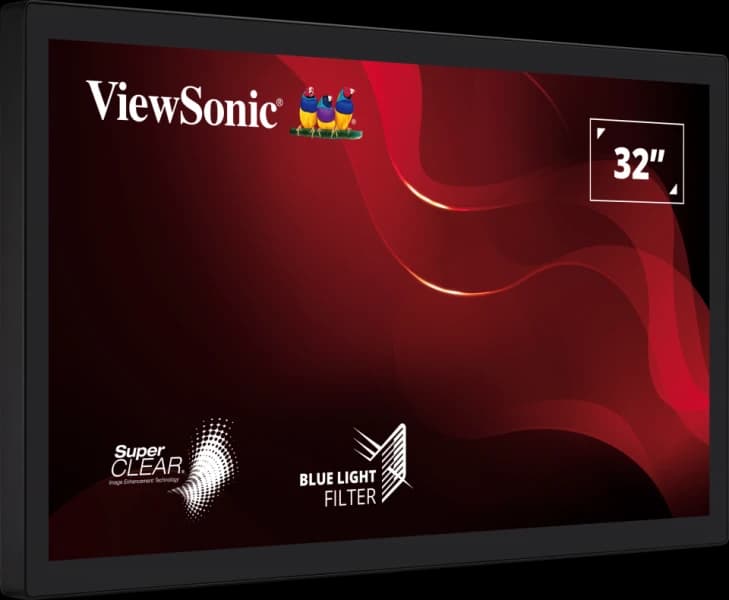ViewSonic TD3207 32" open-frame touch monitor, right-front angled view showing 32" badge, SuperClear and Blue Light Filter branding
