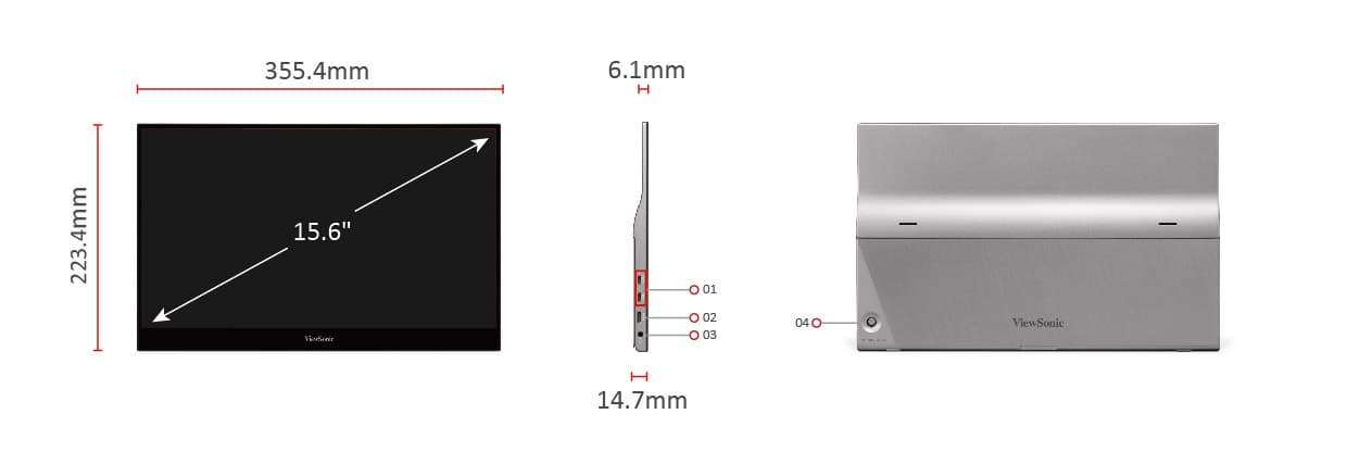 ViewSonic TD1655 technical diagram showing front dimensions, side profile with USB-C/HDMI-mini ports, and rear view with foldable kickstand