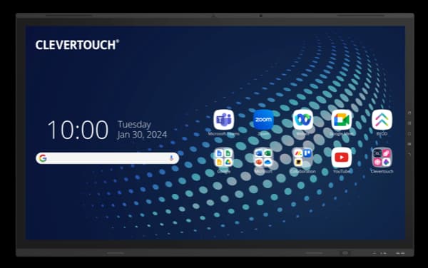 Clevertouch UX PRO Edge front view showing full touchscreen panel, home screen and app icons