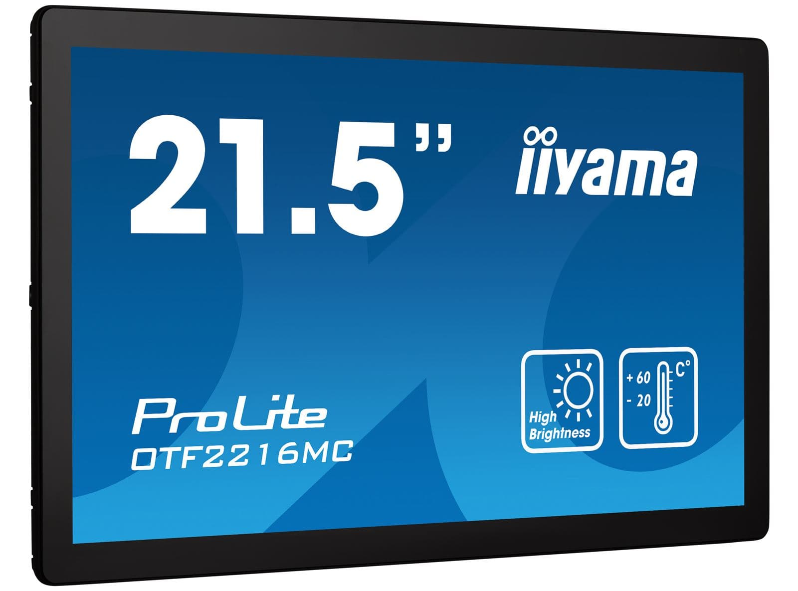 iiyama ProLite OTF2216MC-B1 22in touchscreen, three-quarter angled view showing screen and side bezel